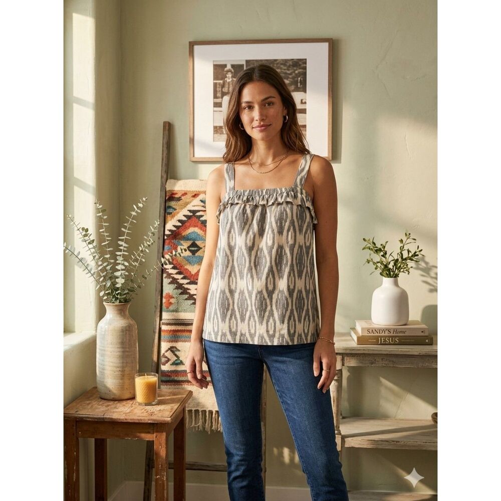 J.Crew Factory Tank Top Womens 10 Ikat Geometric Ruffle Cotton G6744